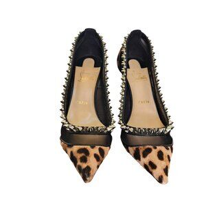 Christian Louboutin Galativi Spikes 85 Black Leopard Mesh Pointed Heel Size 8/38